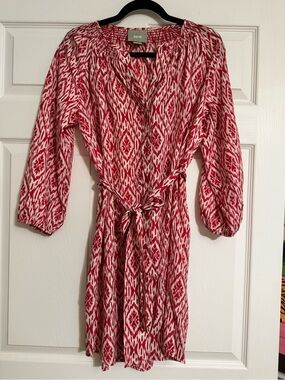 Maeve Anthropologie Bright Pink Ikat Belted Button Front Dress M